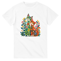 Load image into Gallery viewer, Whimsical botanical cats t-shirt in white with folk art green and orange cats among colourful wildflowers