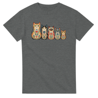 Load image into Gallery viewer, Folk art cat nesting dolls t-shirt in graphite heather with five whimsical matryoshka cats
