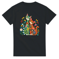 Load image into Gallery viewer, Whimsical botanical cats t-shirt in black with folk art green and orange cats among colourful wildflowers