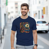Load image into Gallery viewer, Whimsical black cat folk art graphic tee with autumn moon and botanical details