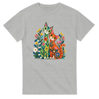 Load image into Gallery viewer, Whimsical botanical cats t-shirt in ash grey with folk art green and orange cats among colourful wildflowers