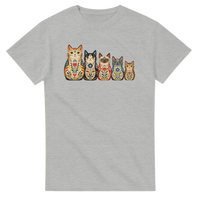 Load image into Gallery viewer, Folk art cat nesting dolls t-shirt in ash grey with five whimsical matryoshka cats
