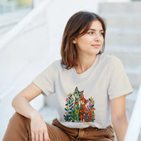 Load image into Gallery viewer, Close-up of whimsical botanical cats design, sage green and burnt orange folk art cats with wildflowers