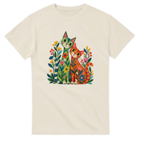 Load image into Gallery viewer, Whimsical botanical cats t-shirt in natural with folk art green and orange cats among colourful wildflowers