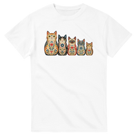 Load image into Gallery viewer, Folk art cat nesting dolls t-shirt in white with five whimsical matryoshka cats