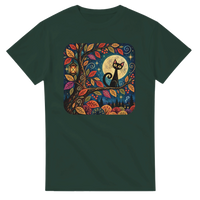 Load image into Gallery viewer, Moonlit Whimsy black cat folk art t-shirt in forest green