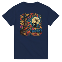Load image into Gallery viewer, Moonlit Whimsy black cat folk art t-shirt in navy